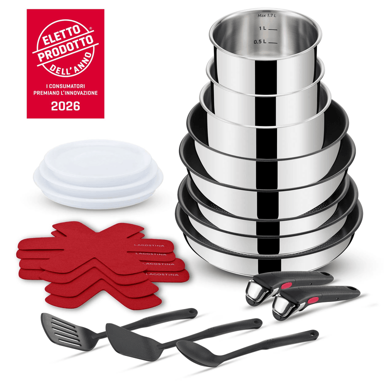 Ingenio Inox, Set padelle, Acciaio, Manico rimovibile, Induzione e gas